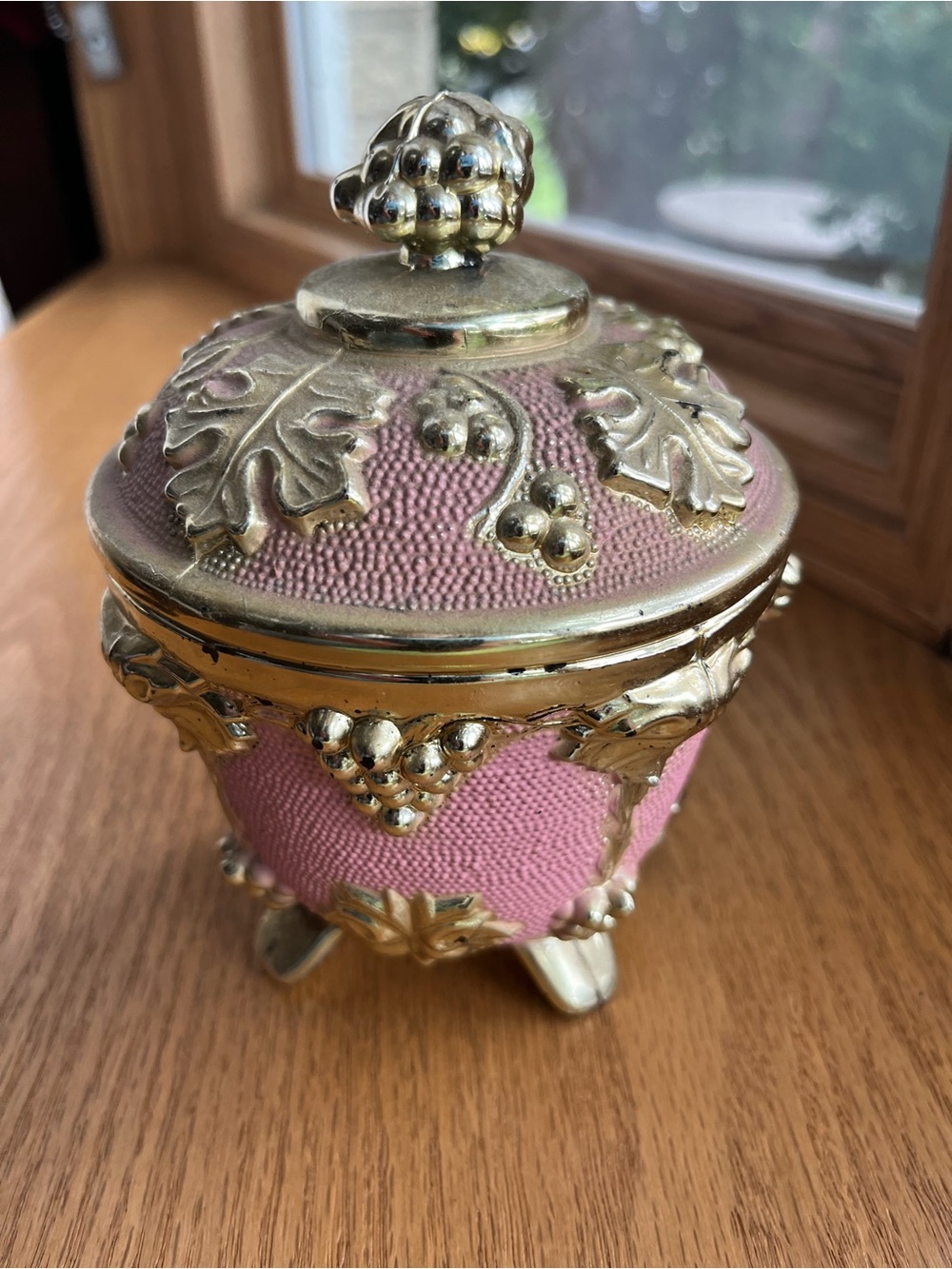 Vintage Textured Glass Trinket Jar Pink Gold Leaves Footed Lidded Urn.  Pink tex